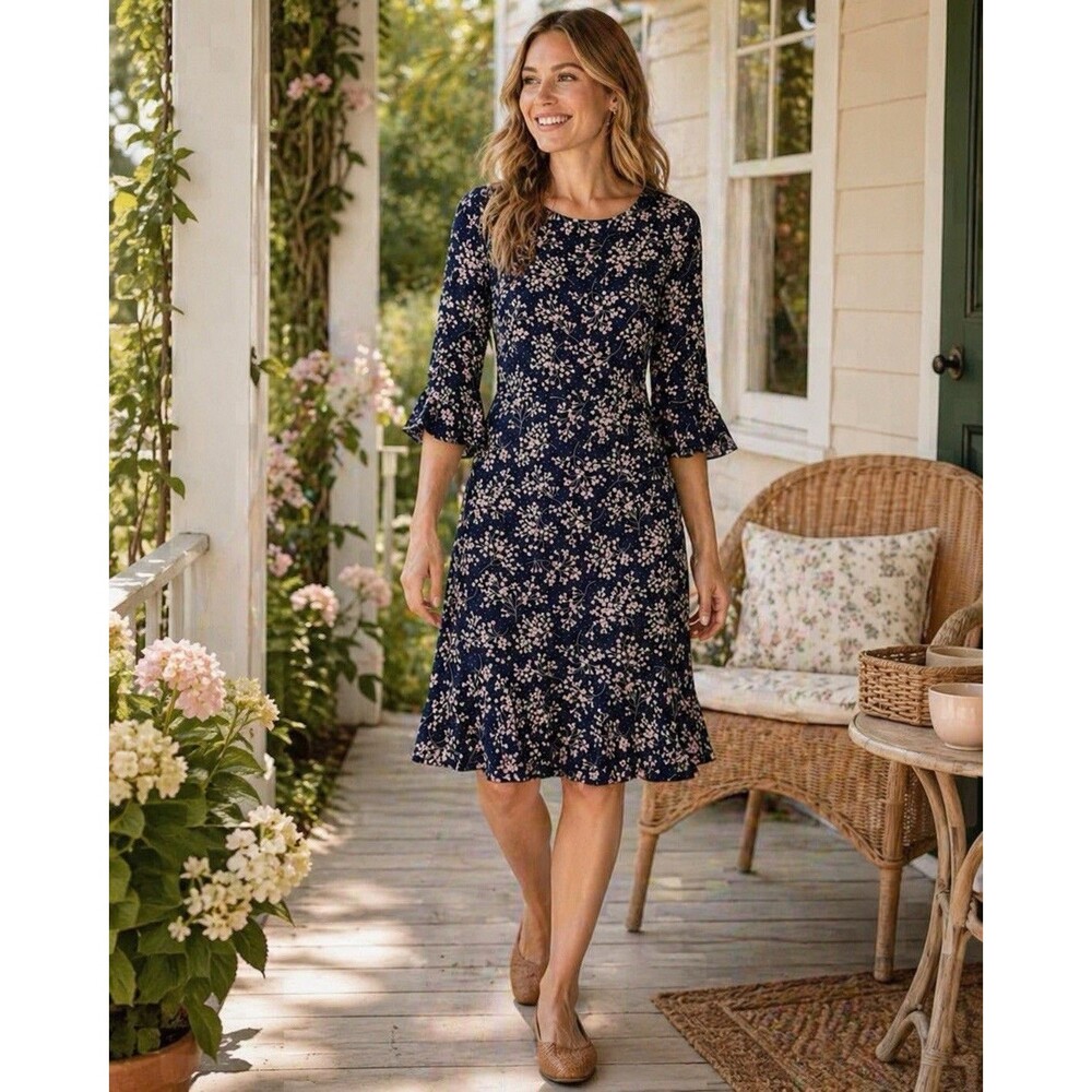 Boden Indie Dress‎ Navy Pink Floral Flounce Knee Length Size 16 R